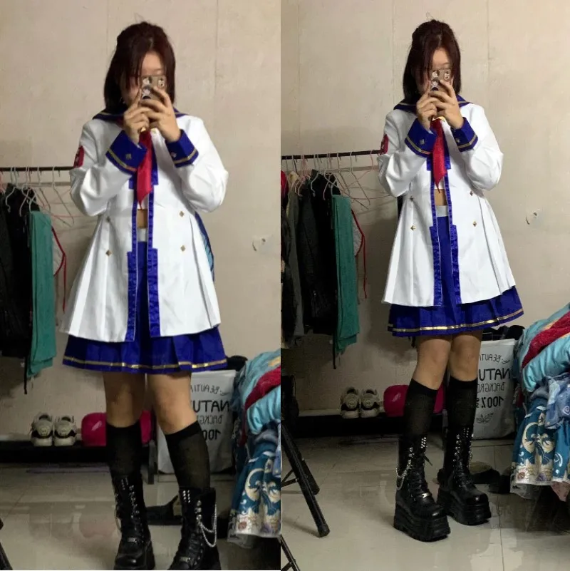 게임 Umamusume: Pretty Derby 오구리 캡 코스프레 의상 가발 꼬리 흰색 선원 유니폼 스커트 코트 여성 러블리 할로윈 슈트