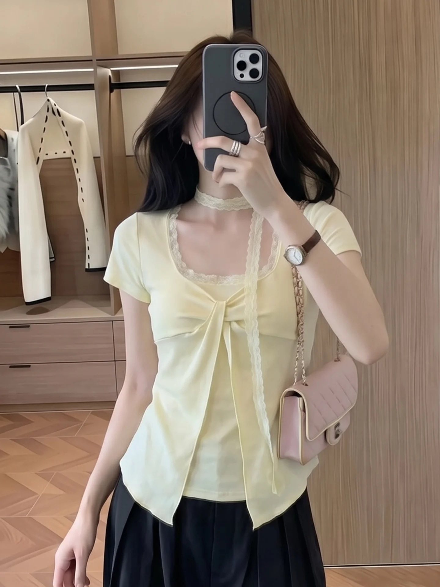 

Elegant Lace Tie Short Sleeve T-Shirt Women's Summer Square Collar Gentle Style Slim Fit Cotton Polyester Blend Casual Top