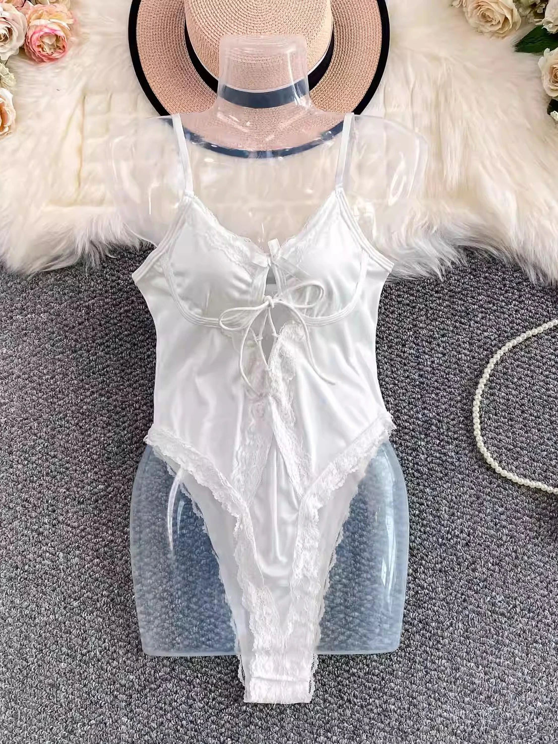 

Sexy Lace Trim Bikini Women's High Waist ort Pants Swimsuit V-Ne Strap Hanging Ne Gown Ele Invitation Trendy