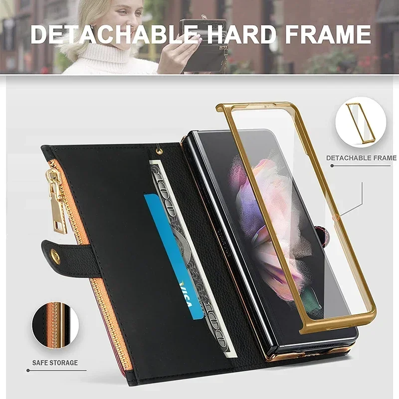 Wallet Leather Case For Samsung Galaxy Z Fold 5 4 3 2 6 ZFold5 ZFold4 With Pen Holder Card Slot Lanyard Zipper Wallets Flip Bag