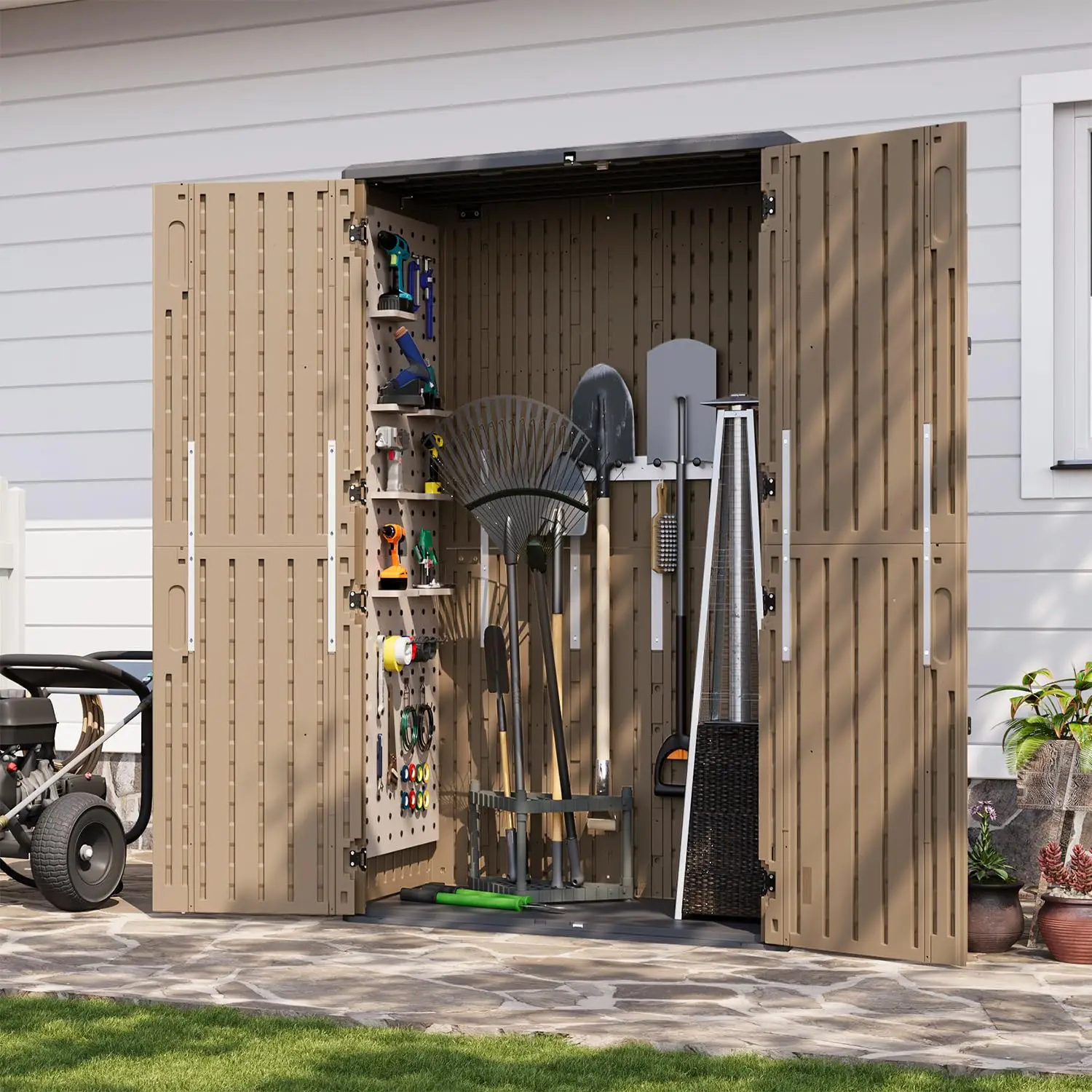 Outdoor Storage Shed with Floor, 64 Cu.Ft Large Outdoor Storage Cabinet, Waterproof Vertical Resin Shed for Garden Tools, Pool E