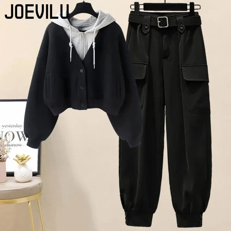 Streetwear Pants Suit Thickened Hooded Jacket Cargo Pants 2 Piece Sets Women\'s Korean Fashion Loose Outfits Plus Size Warm Sets