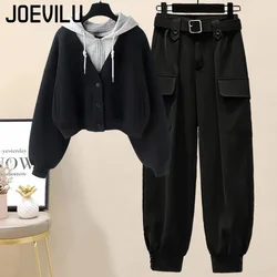 Streetwear Pants Suit Thickened Hooded Jacket Cargo Pants 2 Piece Sets Women's Korean Fashion Loose Outfits Plus Size Warm Sets