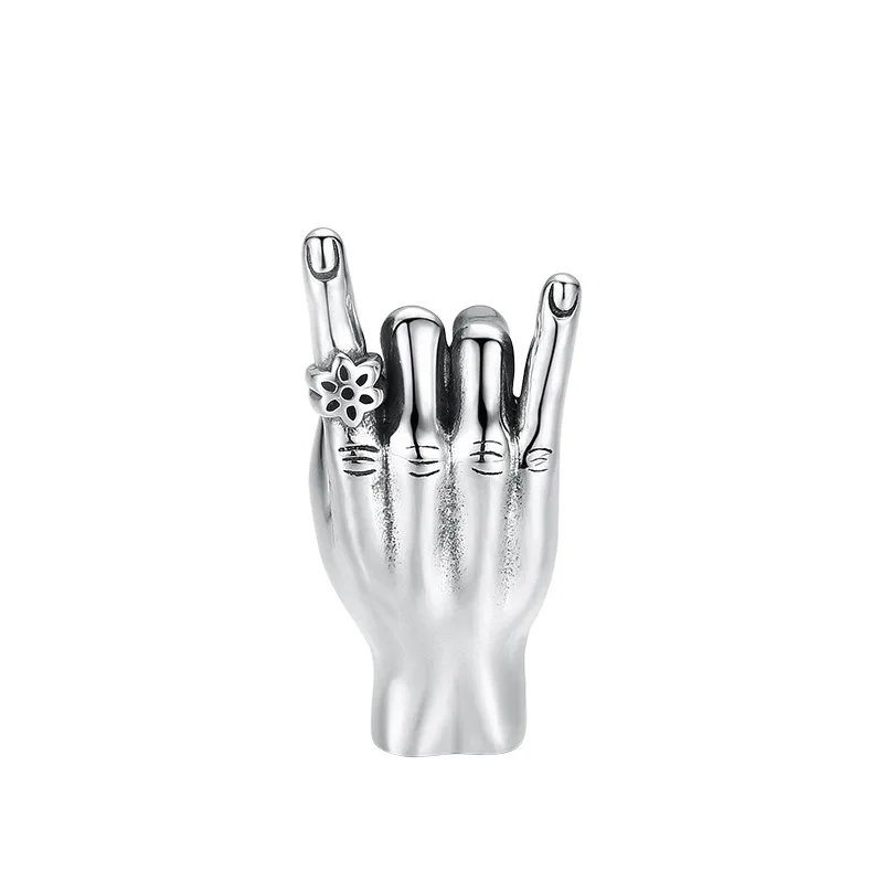 Men's S925 Sterling Silver Rock on Hand Sign Pendant Necklace, Thai Silver Gothic Punk Unisex Jewelry Gift