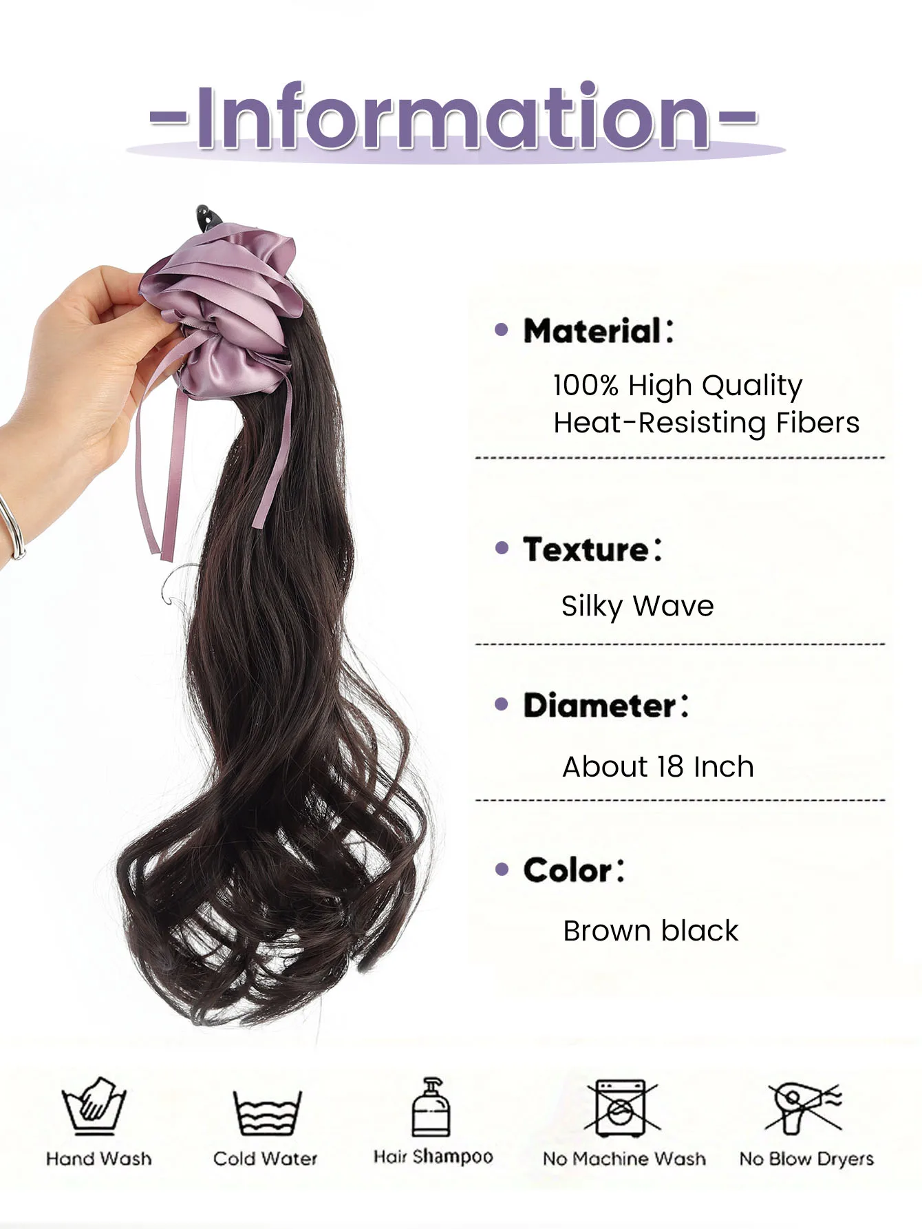 OLACARE Banana Clip Long Wavy Ponytail Synthetic Clip in Hairtail Extension Fluffy Black Ponytail Wig with Red Flower Hair