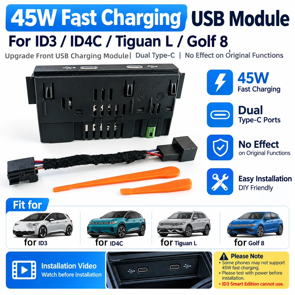 45W USB C Fast Charging Module for VW ID3 ID4C Tiguan L Golf 8 Dual Type-C Front USB Charger Adapter