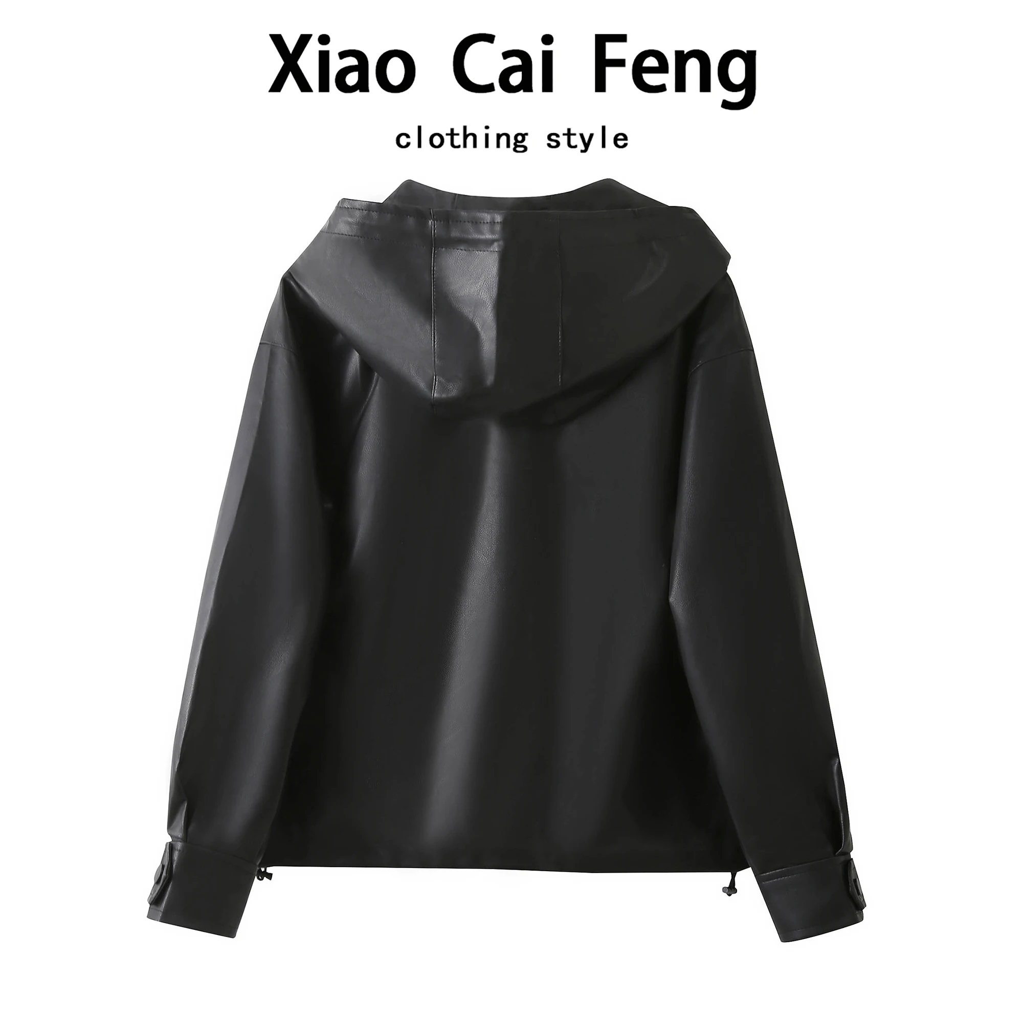 Na moda casual solto feminino couro do plutônio jaet com capuz dstring outono foiable superior fechamento com zíper longo casaco sve