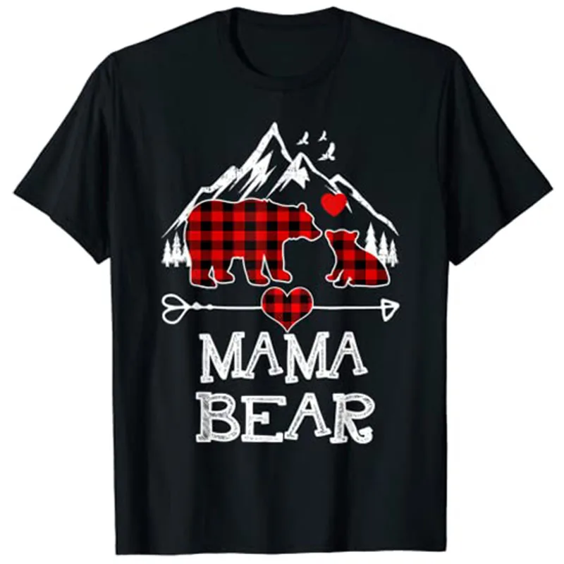 

Mama Bear Christmas Pajama Red Plaid Buffalo Family T-Shirt Graphic Tee Mother's Day Gift