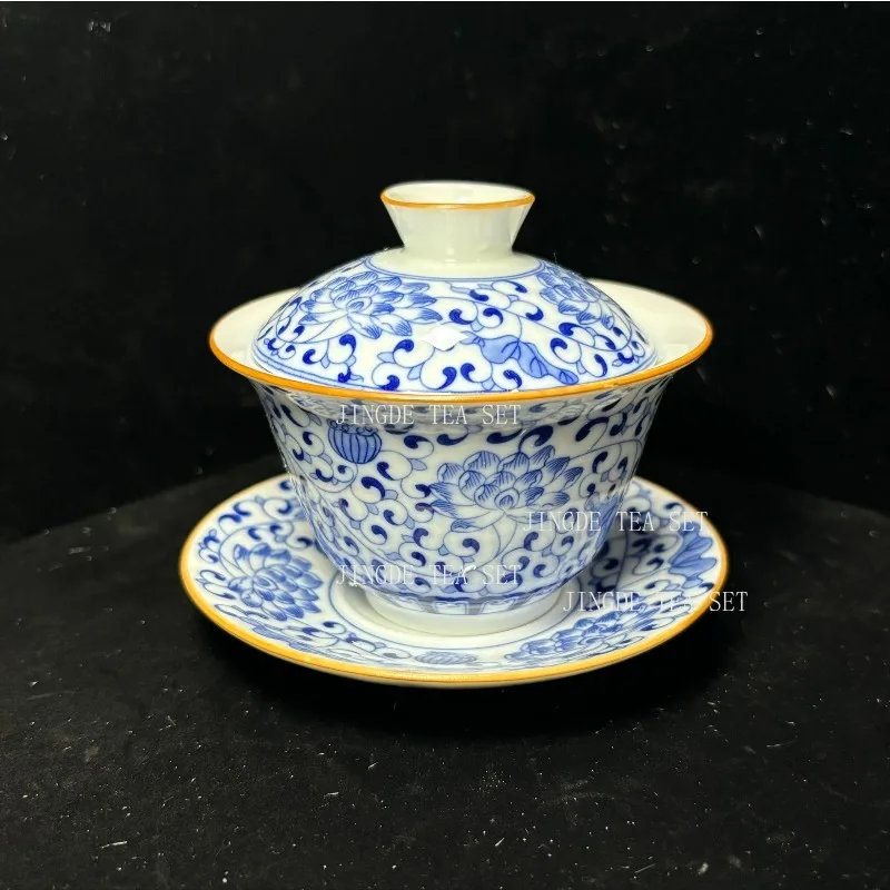 

170ml Jingdezhen Ceramic Gaiwan Teacup Handmade Tea Tureen Blue and White Porcelain Tea Bowl Chinese Porcelain Tea Accessories