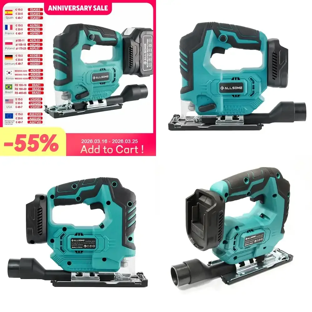 

ALLSOME Cordless Variable Speed Jig Saw ±45° Bevel Adjustable Brushless Cutting Machine Power Tool For 18V Battery