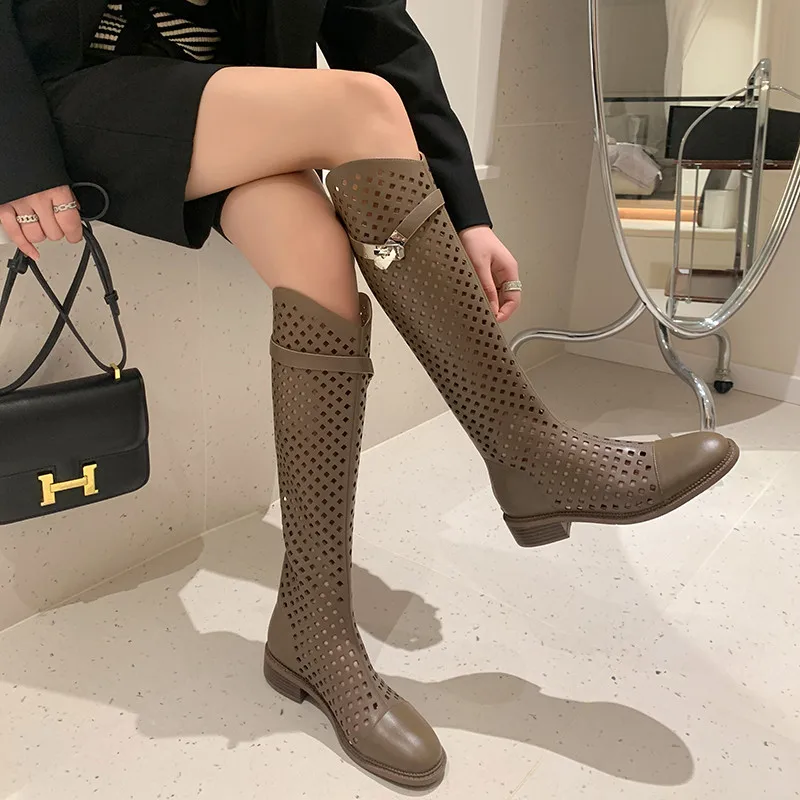 Fashion Knee length Boots New High Quality Genuine Leather Metal Buckle Round Head Hollow Mesh Boots Summer Boots Long Boots