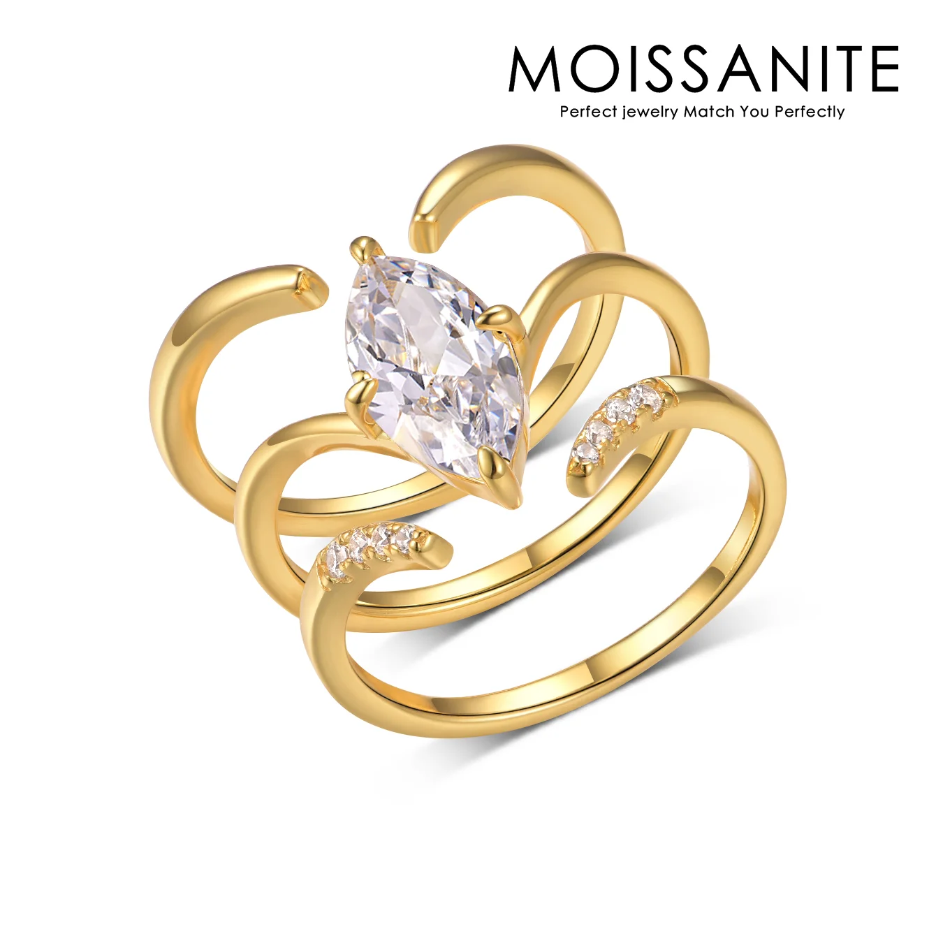 

3pcs 1-3 CT Marquise Cut Moissanite Ring Open Adjustable Design 925 Sterling Silver 18K Gold Plated Modern Jewelry