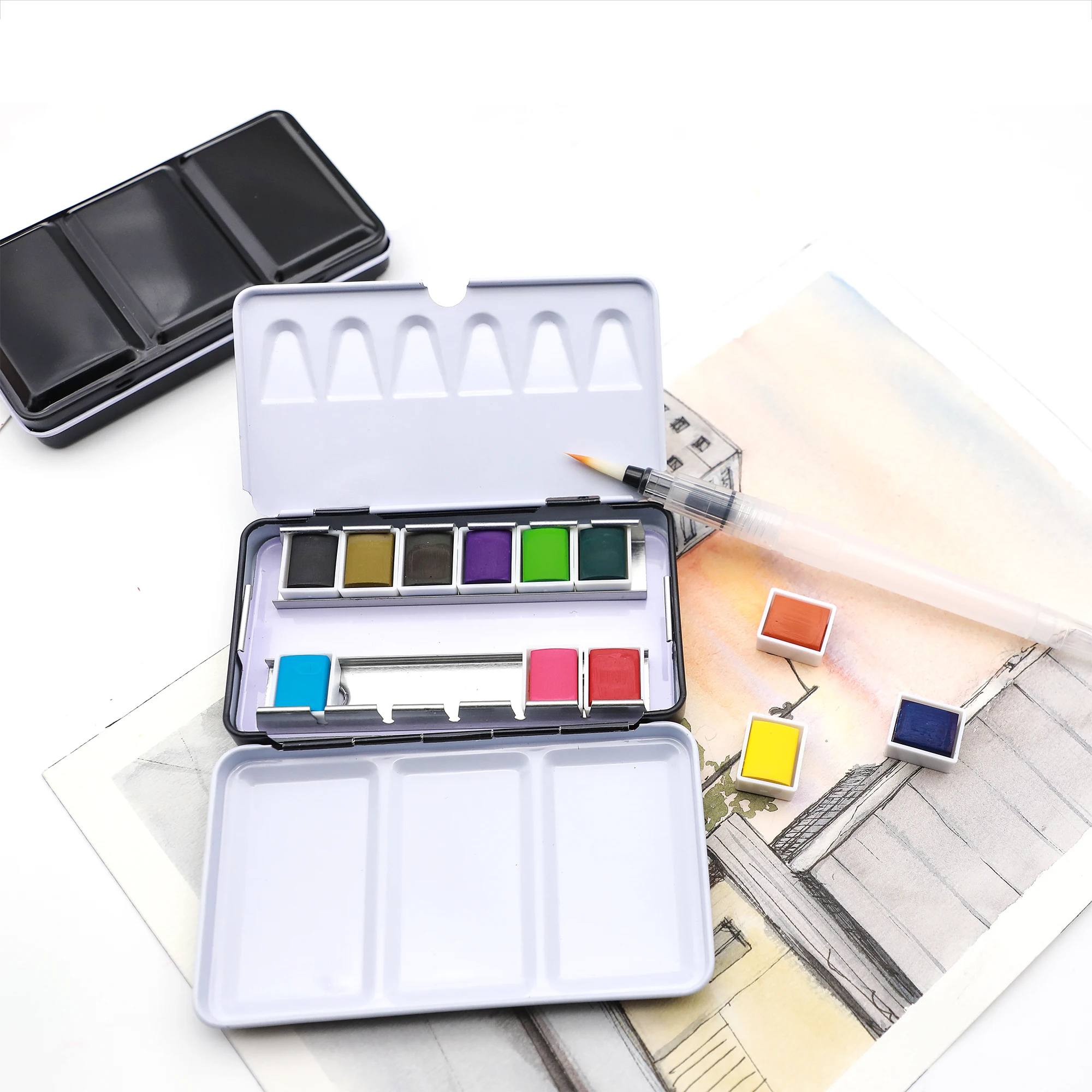 Artecho NEW Art Supplies Paint Set Tin Box Palette Solid Watercolor Set With 12 Essential Colors