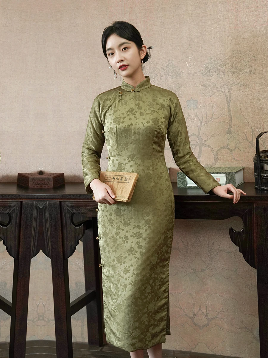 

Mumei Осенне-зимнее шелково-хлопковое ципао длиной до щиколотки, полностью распашное, винтажное, на заказ, однослойное, с низким разрезом, длинное...