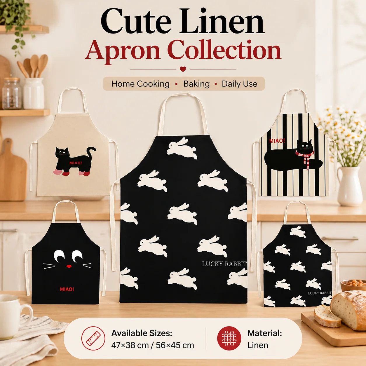 

Cute Black Cat White Rabbit Linen Apron 2D Flat Printed Kitchen Cooking Bib for Women Home Baking Pinafore Daily Cleaning Cloth