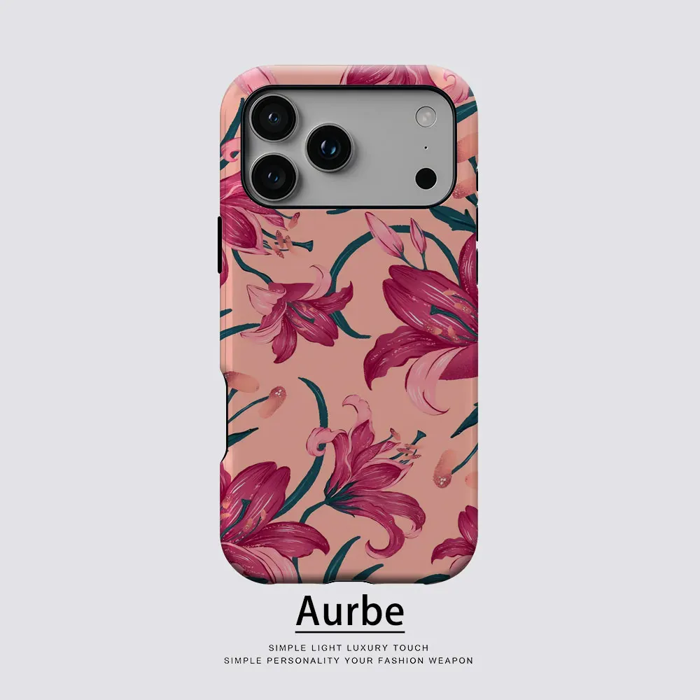 Coque Aurbe Matte 2-en-1 avec film Magsafe pour iPhone 17 16 15 14 Plus 17 Pro Max, coque rigide antichoc motif Lily Bloom