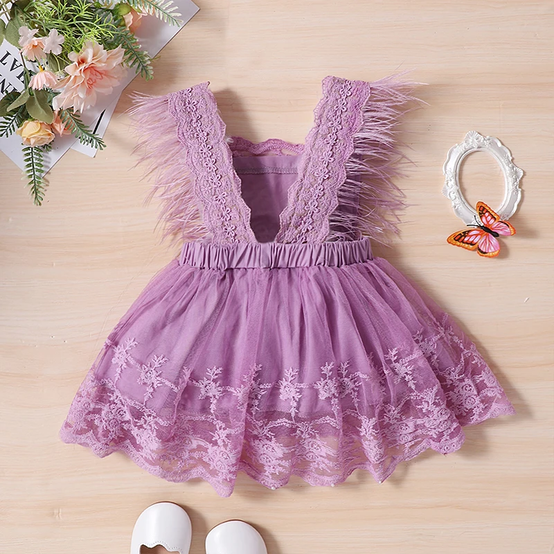 Toddler Baby Girls Lace Floral Dress Summer Feather Sleeve Princess Clothes Children Backless Embroidery Jumpsuits Outerwear