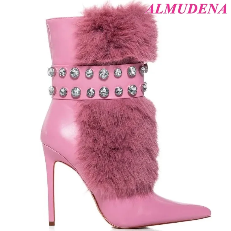 Women's Furry Crystal Gem Leather Ankle Boots Pink/White/Black Pointed Toe Zipper High Heels Booties Big Size Designer Shoes