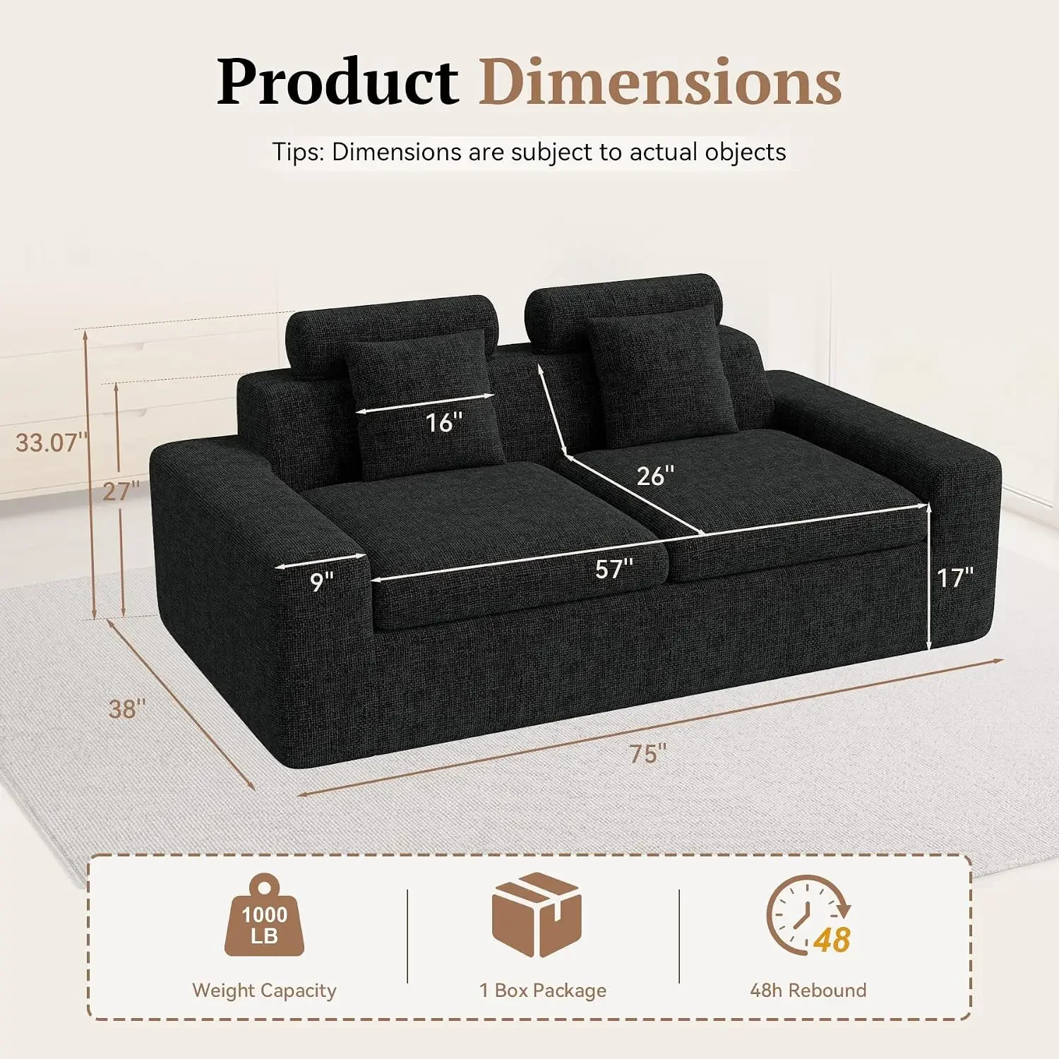 75'' Small Boneless Loveseat Couch, Sofa in A Box, Black, Customized