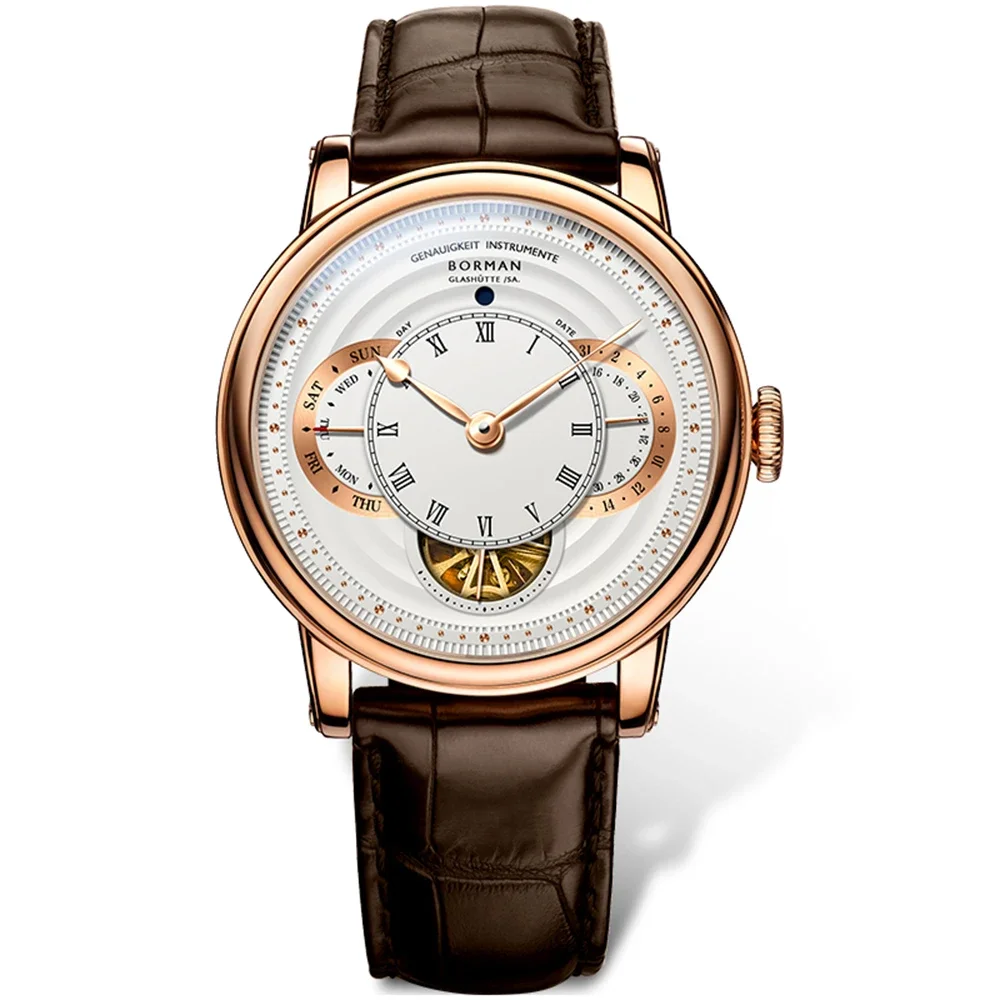 BORMAN Men Automatic Watch 42mm Mechanical Wristwatch Sapphire Mirror Skeleton Dial Week Date