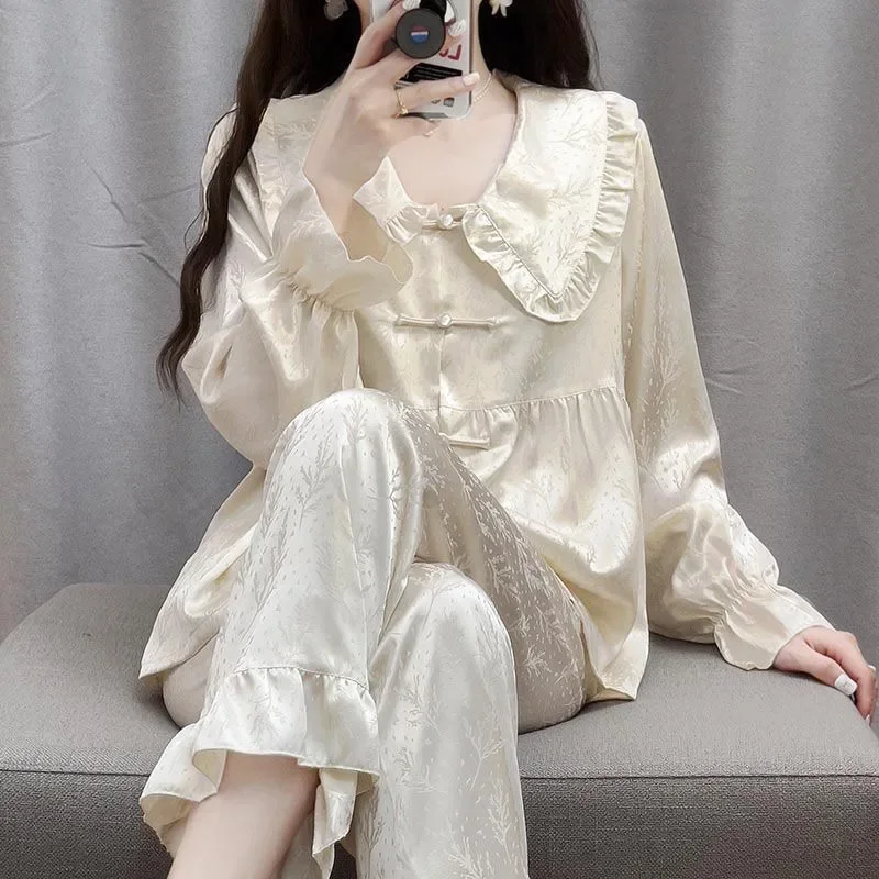 Female in The Autumn Long Sleeve Sweet French Court Loungewear Ice Silk Set Sleepwear Neo-chinese Style Dial Buckle Pajamas