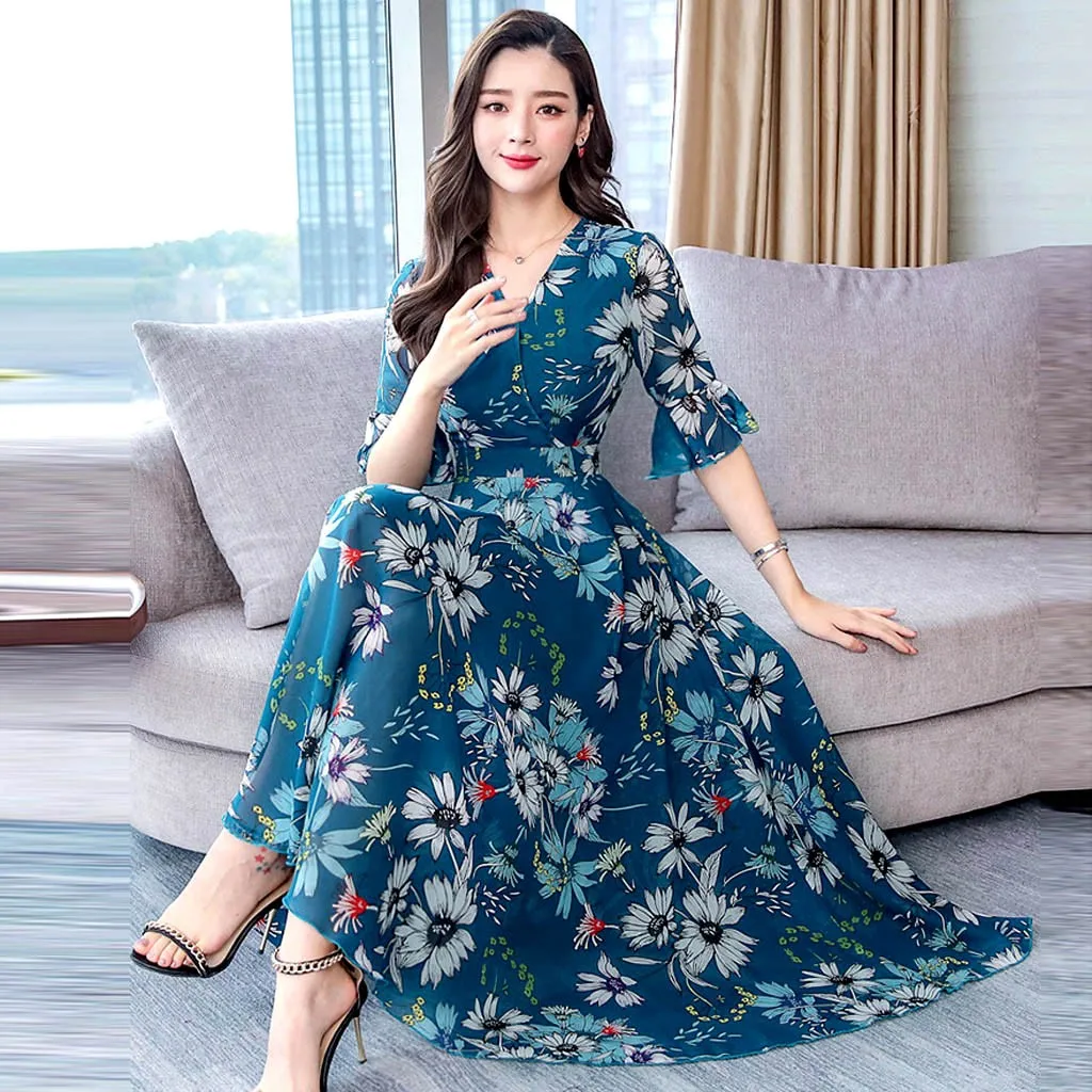 

Fashion Short Sleeve Dress V-Neck Floral Print Loose Women Long Dress Summer Casual A-Line Elegant Dress vestidos para mujer