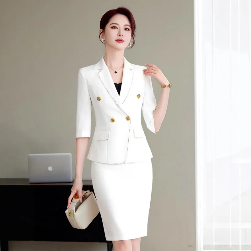 

White Blazer with Mid-Sleeves Professional Suit Dress for Women High-End Business Commuting Hotel Front Desk Reception Beauty Sa