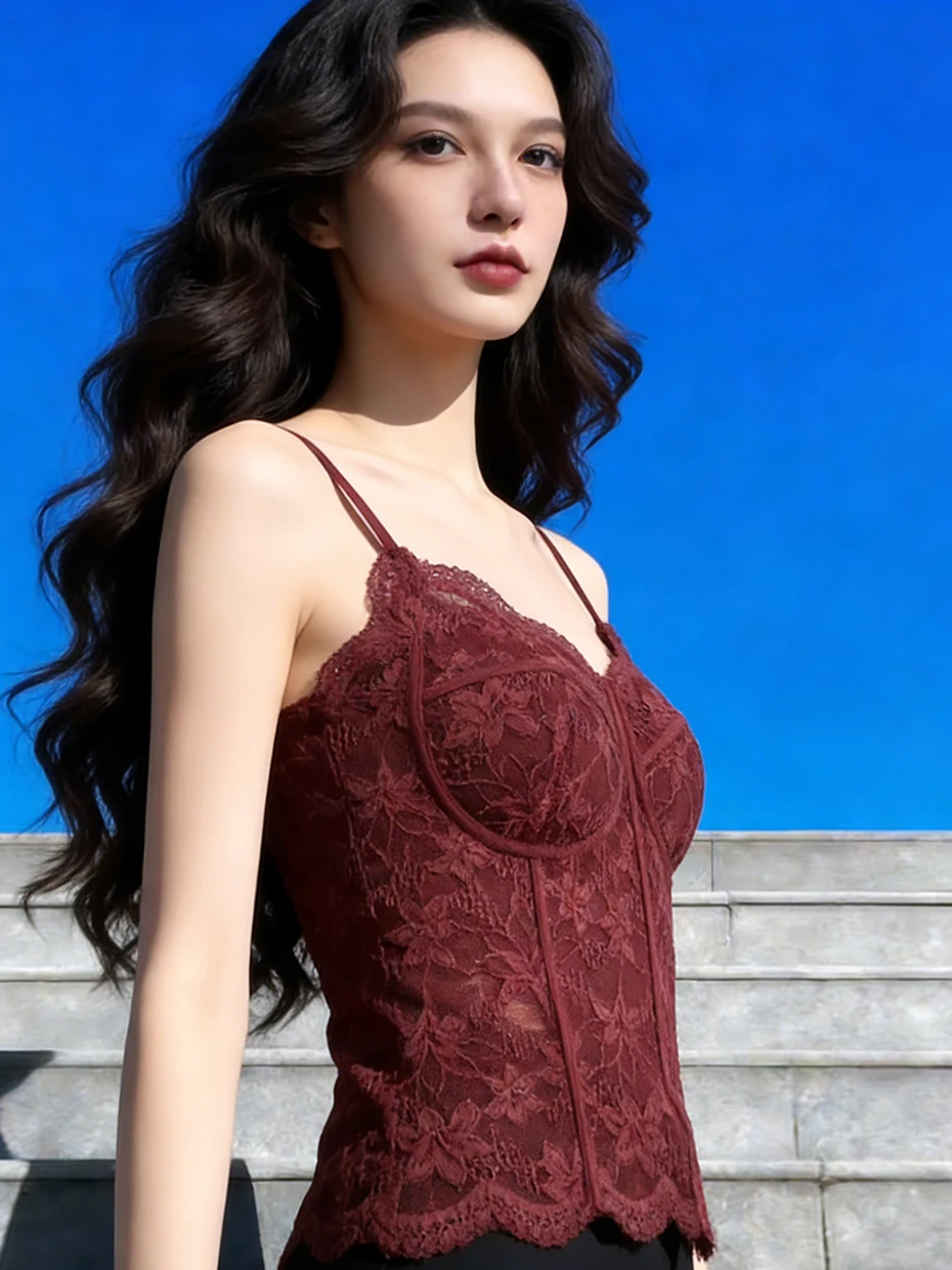 Pure Desire Lace Strap Vest Women's Fur Inner Match Beautiful Back Bra Integrated with Chest Pad Base Fishbone Chest Clothes Top