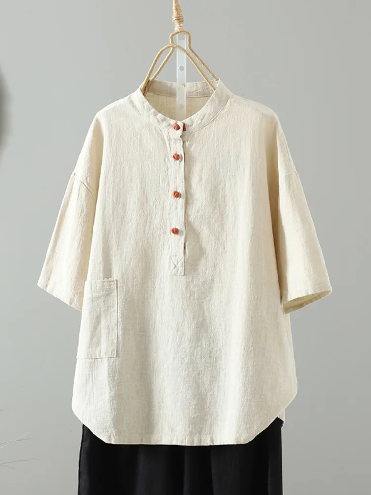 

Chinese Style Stand Collar Shirt Women's Cotton Linen Summer Zen Buddhist Style Button up Sleeveless Top Loose Fit Tea Costume