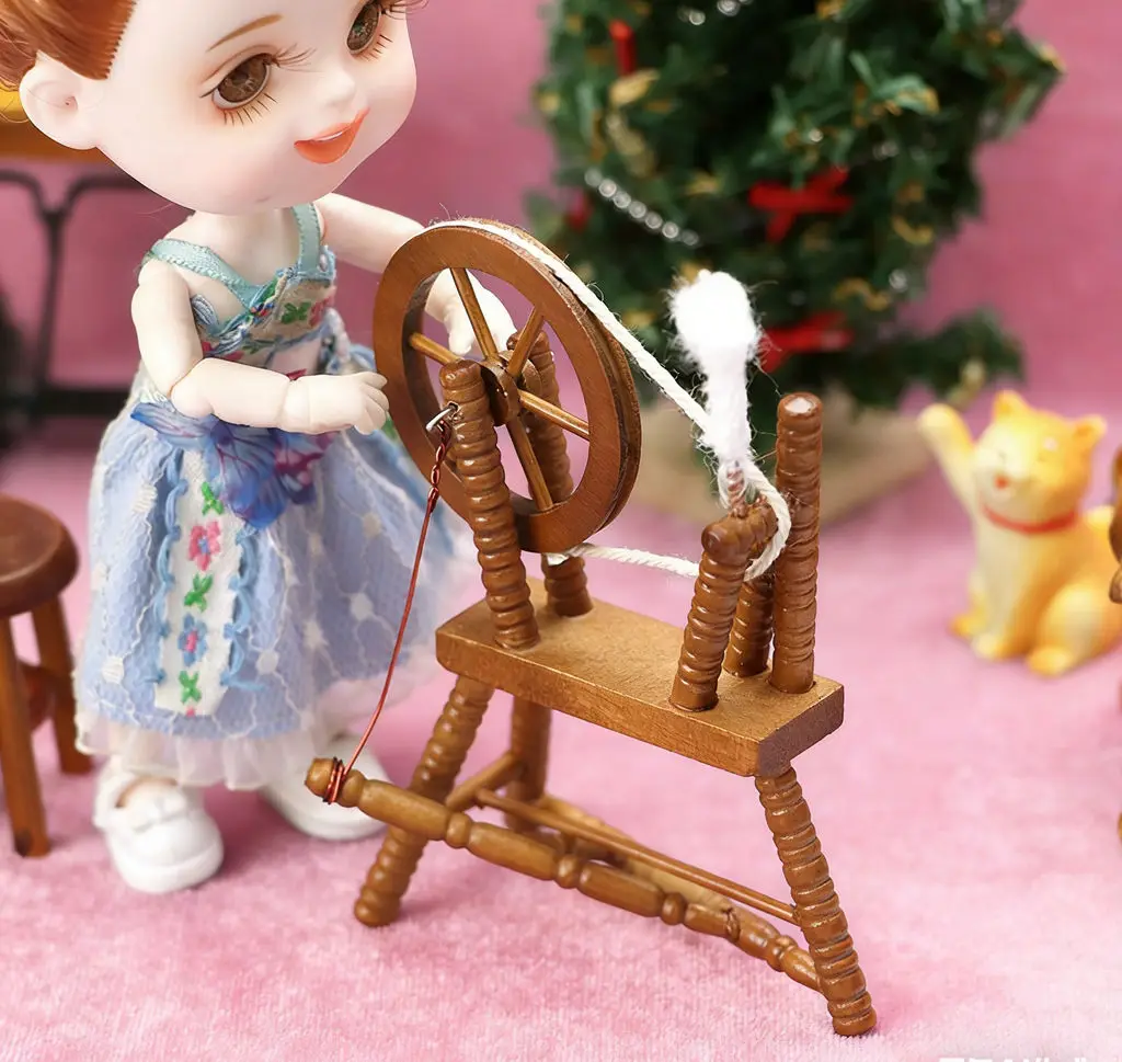 3PCS 1:12 Dollhouse Mini Retro Wooden Spinning Wheel - Chestnut Vintage Furniture Model Accessory for Miniature House Decor