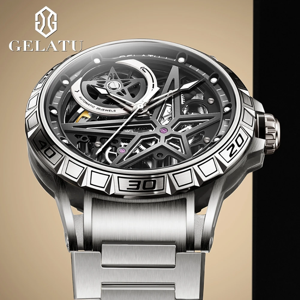 GELATU 6009 Mens Watch Luxury High Quality Skeleton Automatic Mechanical Watch﻿ 316L Steel Strap Watches For Man Gift Box Reloj