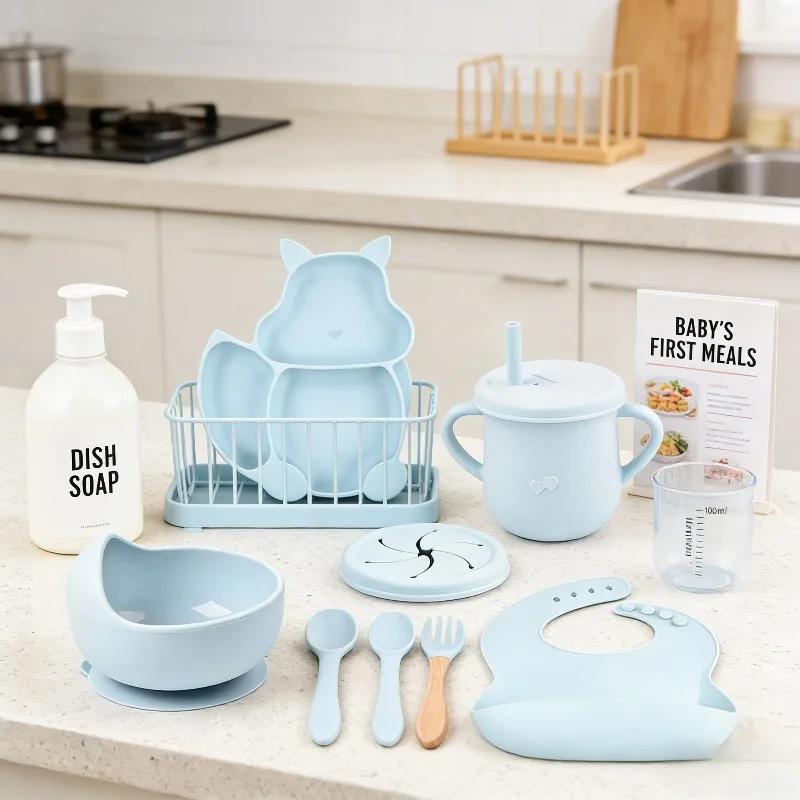 

Набор для кормления ребенка с комбинированной силиконовой пластиной и вилкой, ложкой ‌ Силиконовые блюда для малышей с белкой