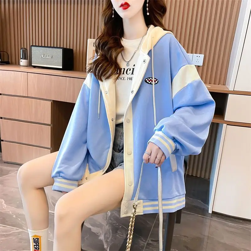 Fashion Hooded Sweatshirt Women Loose Stitching Oversize Coat Fall Korean Fashion Niche Trend Pocket Baseball Cardigan Jacket