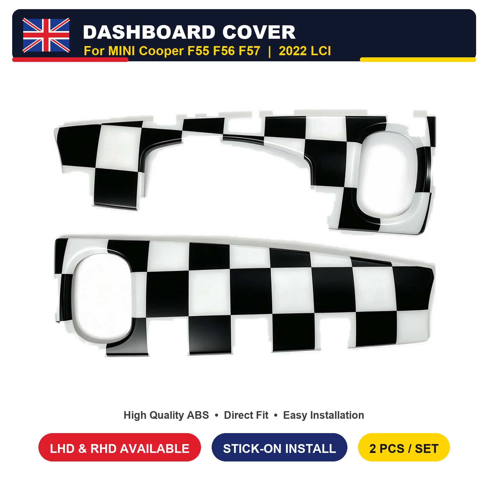 For MINI Cooper F56 F55 F57 LCI Dashboard Trim Cover Union Jack Chequered JCW Style PC Stick-on 2 Pcs 2022-2024 LHD RHD