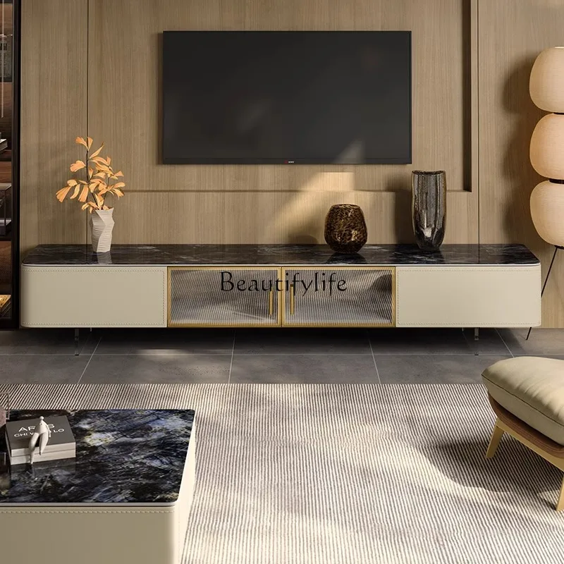 

02 Luxury stone rock panel TV cabinet Living room furniture Italian light luxury acrylic saddle leather cabinet