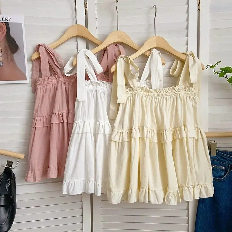 Strap Tank Top for Women Summer New Korean Fashion Sweet Girl Camisole Loose Casual Sleeveless Pink Shirt Women Clothing