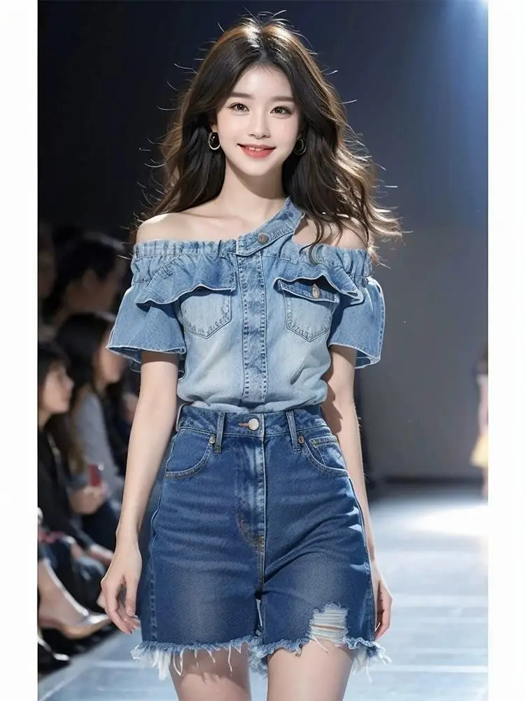 Setelan dua potong Denim Korea kemeja celana pendek lengan pendek Denim dengan desain baru musim panas blus wanita kemeja biru perempuan