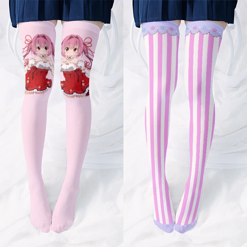 

Fashion sweet Lolita stockings 3D printing cute striped love Kawaii Loli soft girl over the knee stockings Halloween cosplay