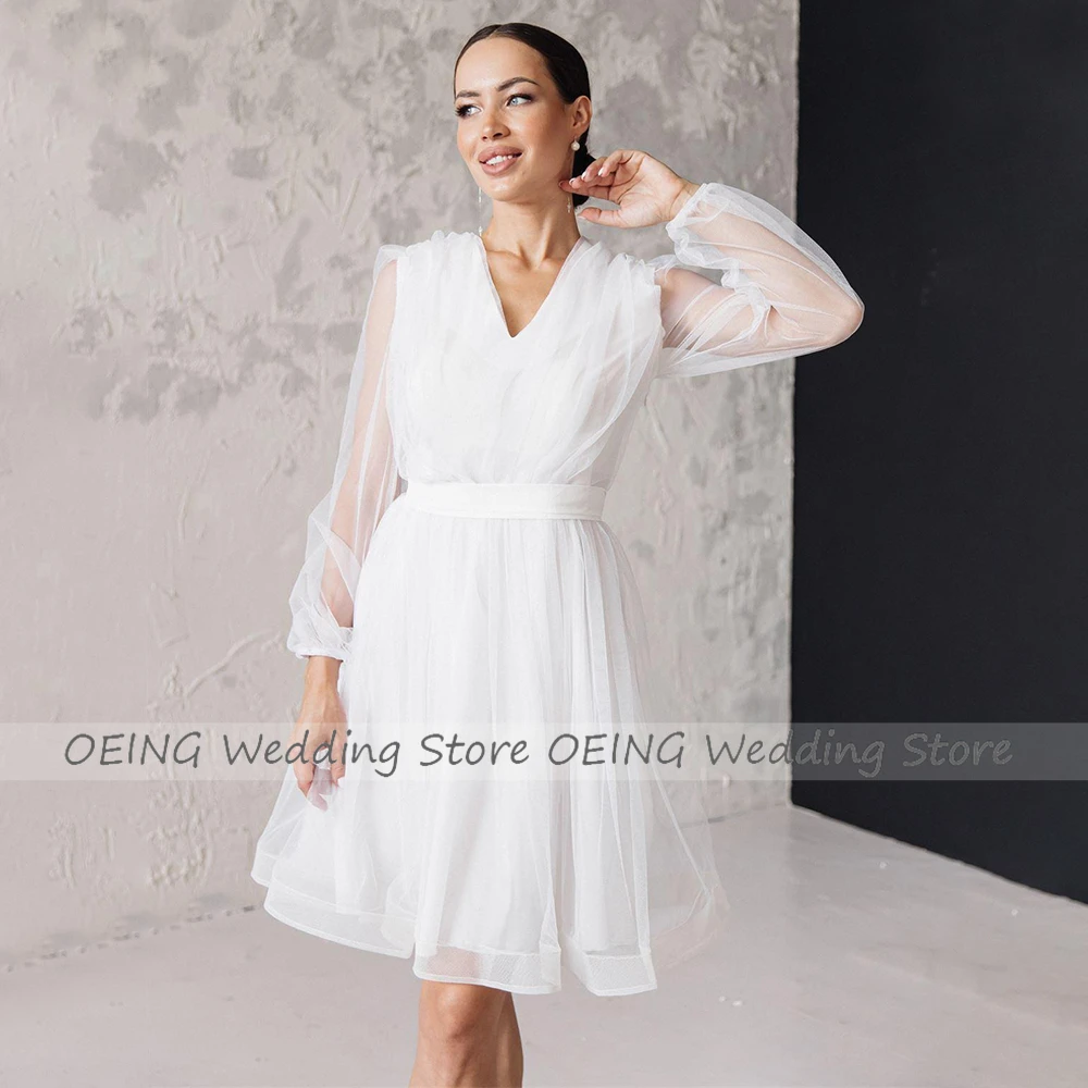 Vestidos de casamento curto na altura do joelho mangas compridas uma linha simples vestidos de casamento 2023 branco tule sash v neck feminino civil vestido de noiva