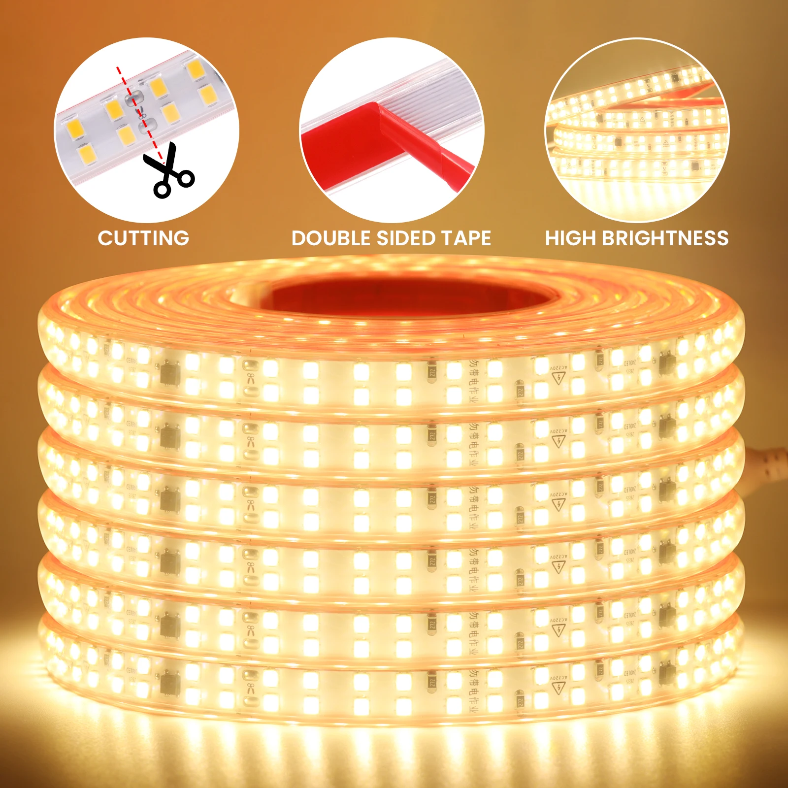 220V Double Row LED Strip Light 2835 240LEDs High Brightness Flexible LED Tape with Adhesive Waterproof Light Bar Home Decor