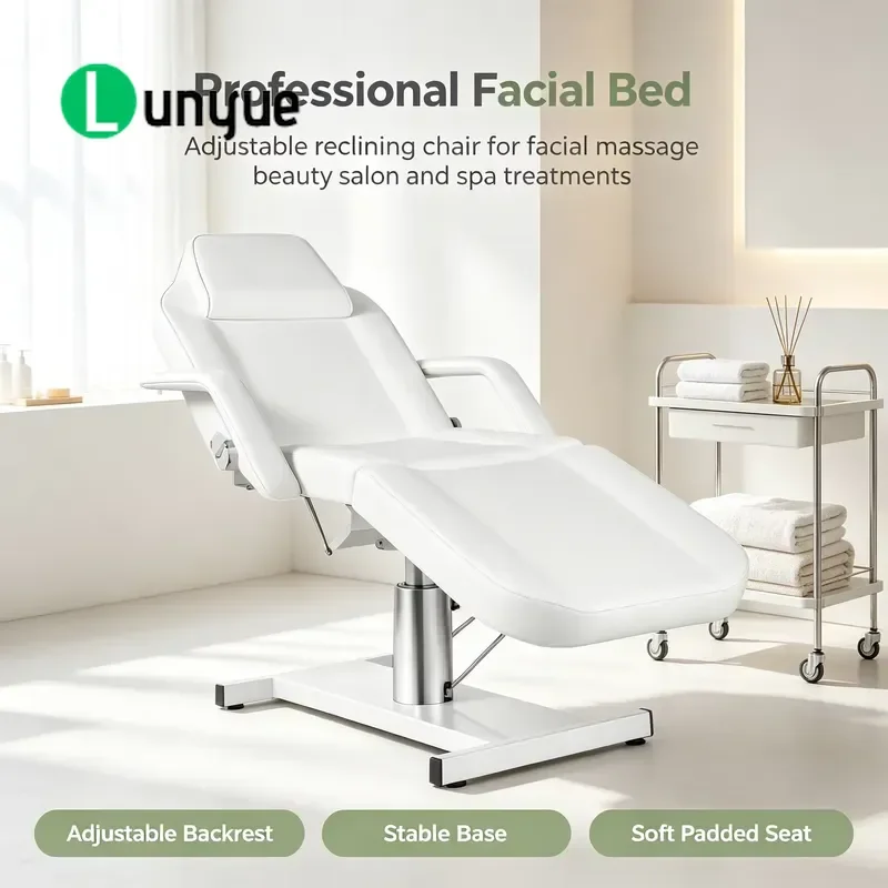 Hydraulic Adjustable Facial Bed White PVC Leather Massage Table Reclining Beauty Chair for Spa Eyelash Tattoo Treatment