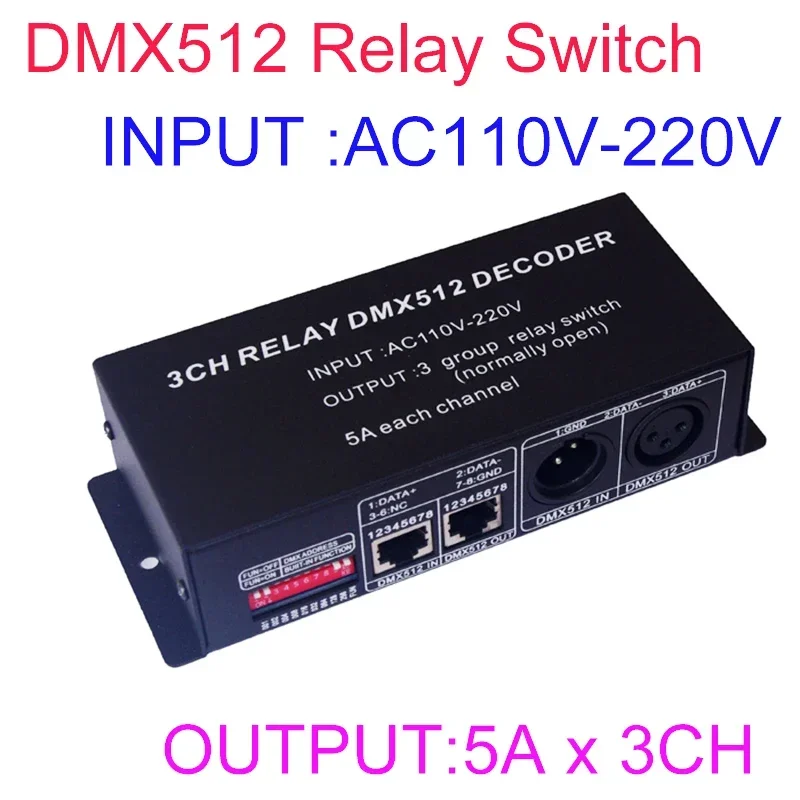110V 220V AC High Voltage 3 CH 4 CH Channels DMX512 Decoder Relays LED RGB RGBW Controller XRL RJ45 Relay switch  For Lamp Light
