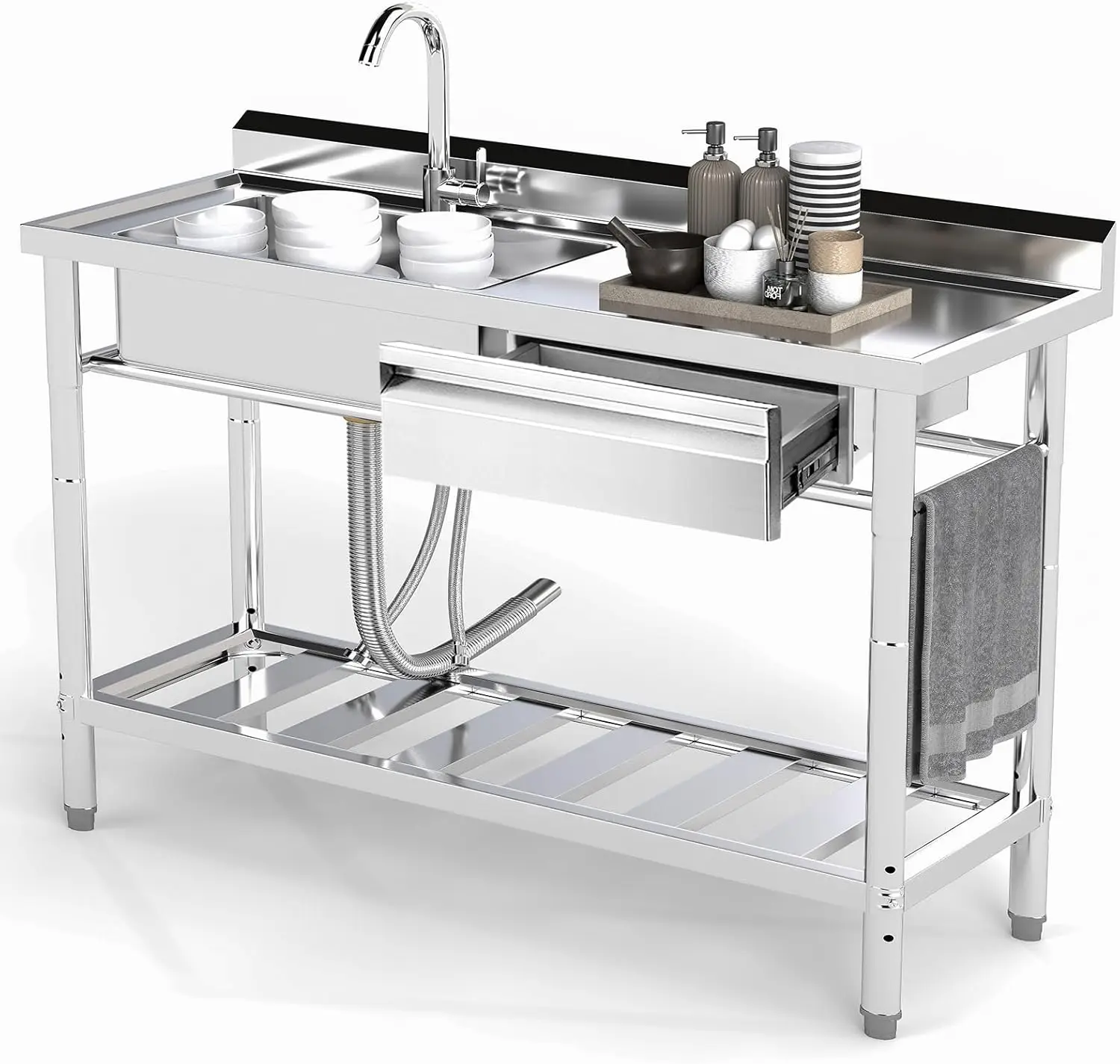 

Мойка из нержавеющей стали, 47,2 дюйма, отдельностоящая, с одной чашей, для кухни, с подключением к холодной и горячей воде, правый выдвижной ящик, для использования внутри помещений