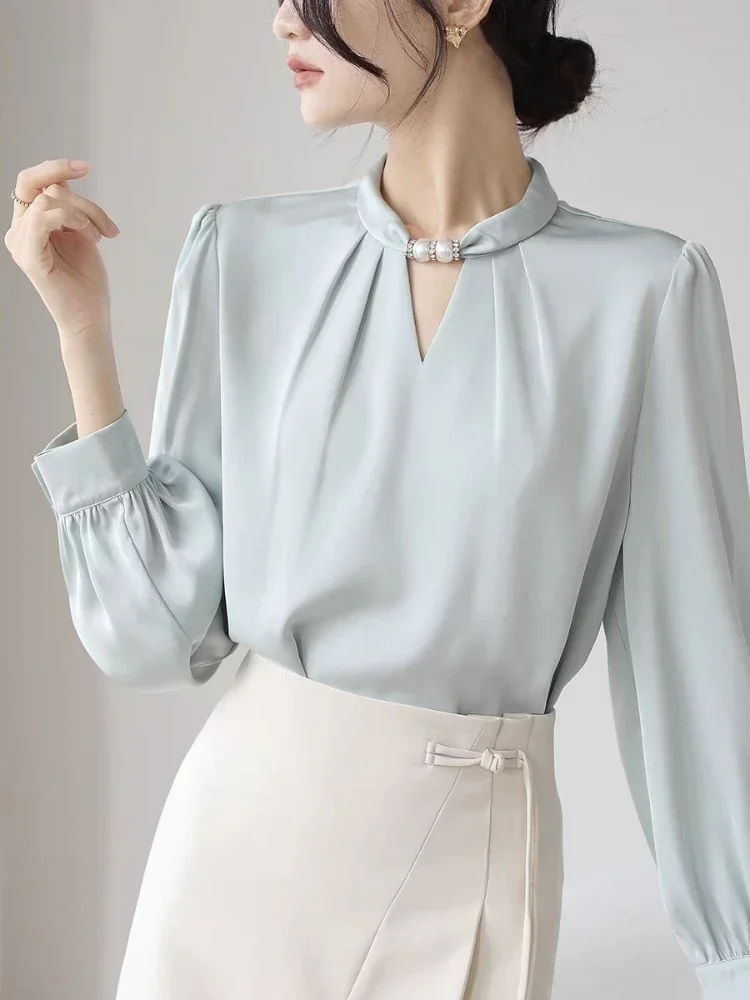 

Women's Elegant Blouse Satin White Stand Collar Beaded Shirts Pullover Korean Fashion Temperament Office Lady Women Shirts New