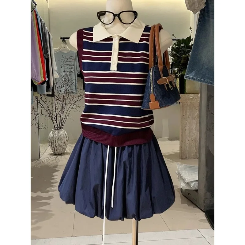 

Women Clothing Vintage Striped Sleeveless Tanks Tops Summer Turn-down Collar Button Slim Knitted Elasticity Camisole