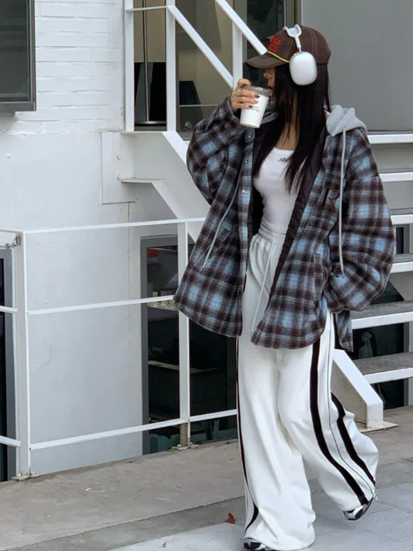 الكورية Sle عالية الخصر بنطال ذو قصة أرجل واسعة المرأة Faionable بناطيل كاجوال مرونة الخصر Fce اصطف الجانب التعادل الأشرطة #5