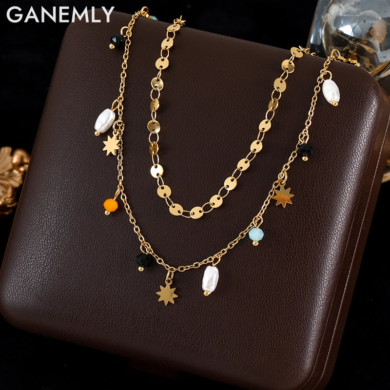 GANEMLY 316L Edelstahl Bunte Stein Perle Charme Halskette Für Frauen Neue Doppel Schicht Hals Kette Kragen Wasserdicht Schmuck
