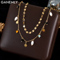 GANEMLY 316L Stainless Steel Colorful Stone Pearl Charm Necklace For Women New Double Layer Neck Chain Collar Waterproof Jewelry
