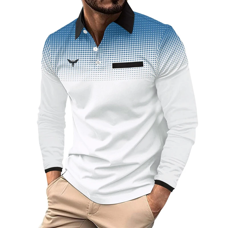 

New Spring Autumn 3D Digital Print Sport Long Sleeve Polo Shirt Men Business Casual Golf Polo Shirt Fake Pocket Stitching