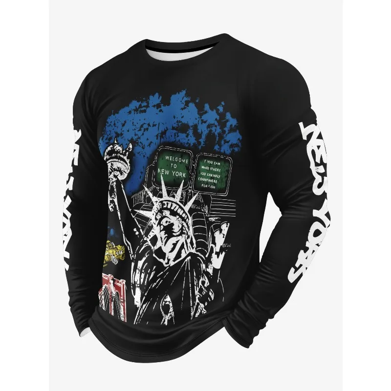

New York Street Style Statue of Liberty Long Sleeve, Graffiti-style City 3D Print, American Retro 'street-busting' Outfit